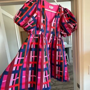 CROSBY by Mollie Burch Kirby Dress Pink and Red Midi Puff Sleeve